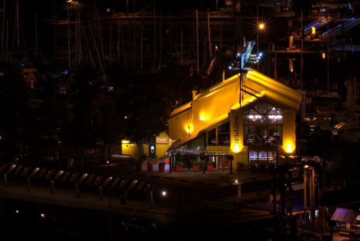Bridges Restaurant at night in Granville Island
