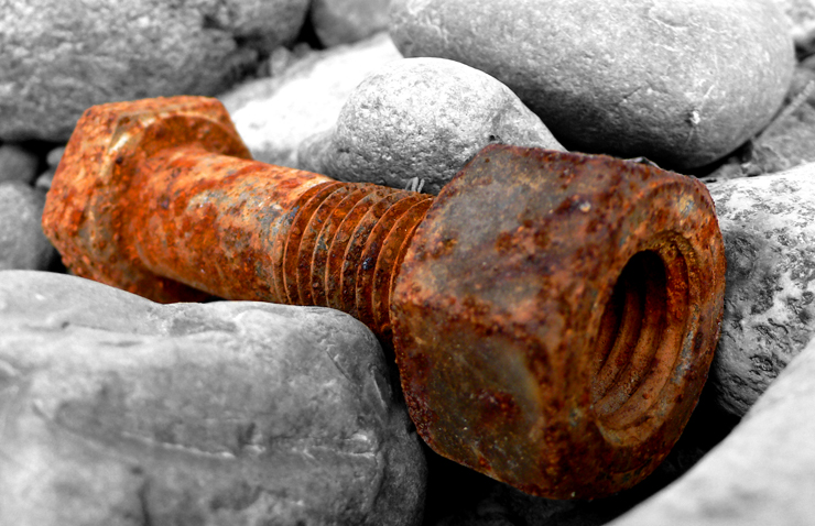 Forgotten nut and bolt left to rust by the river bank.