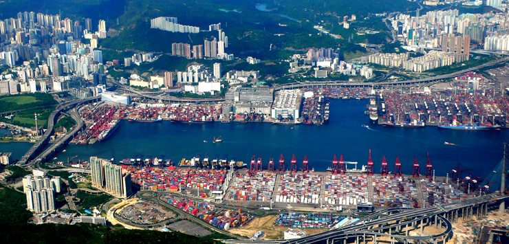 An aerial view from the plane flying past one of the biggest and busiest ports in the world.