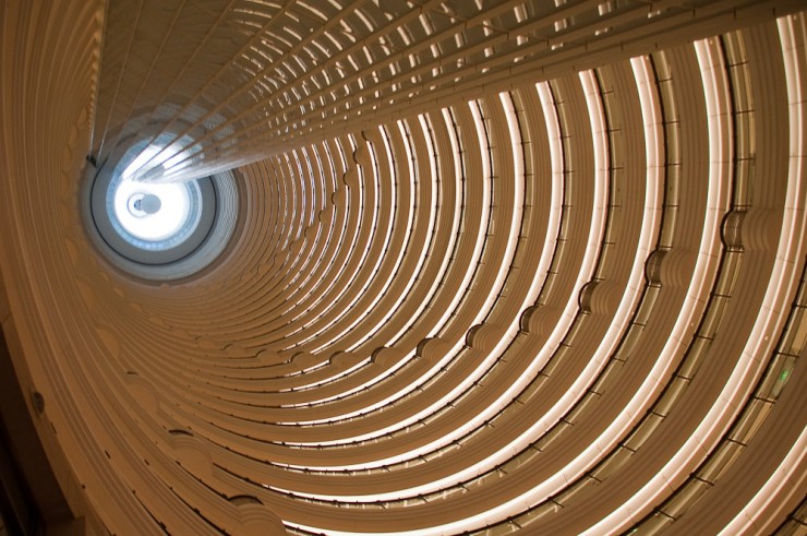 looking upwards at the inside of the grand hyatt hotel in shanghai